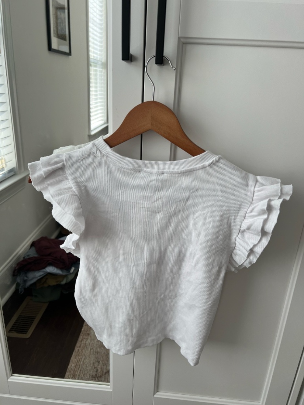 ZARA White Ribbed Ruffle Flutter Sleeve Top | Size L - Picture 2 of 3